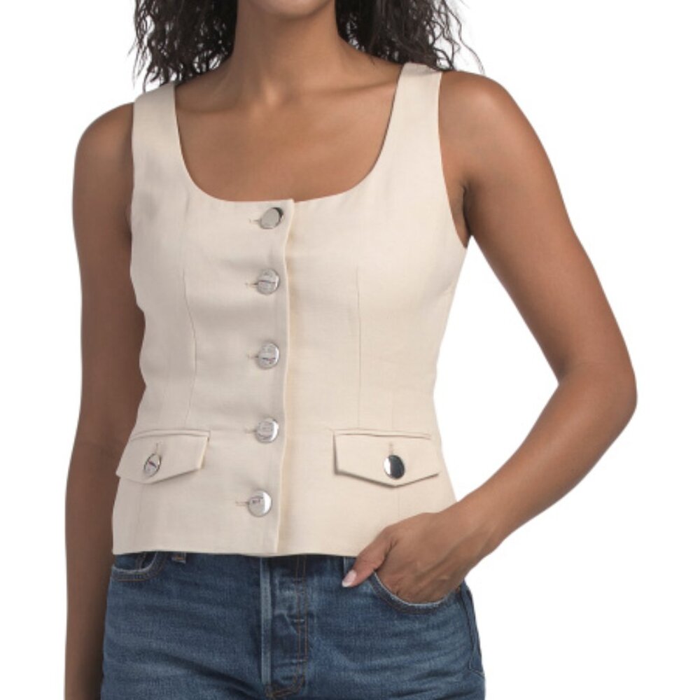 Toccin Georgia Cotton-Blend Button Down Vest Top in Bone